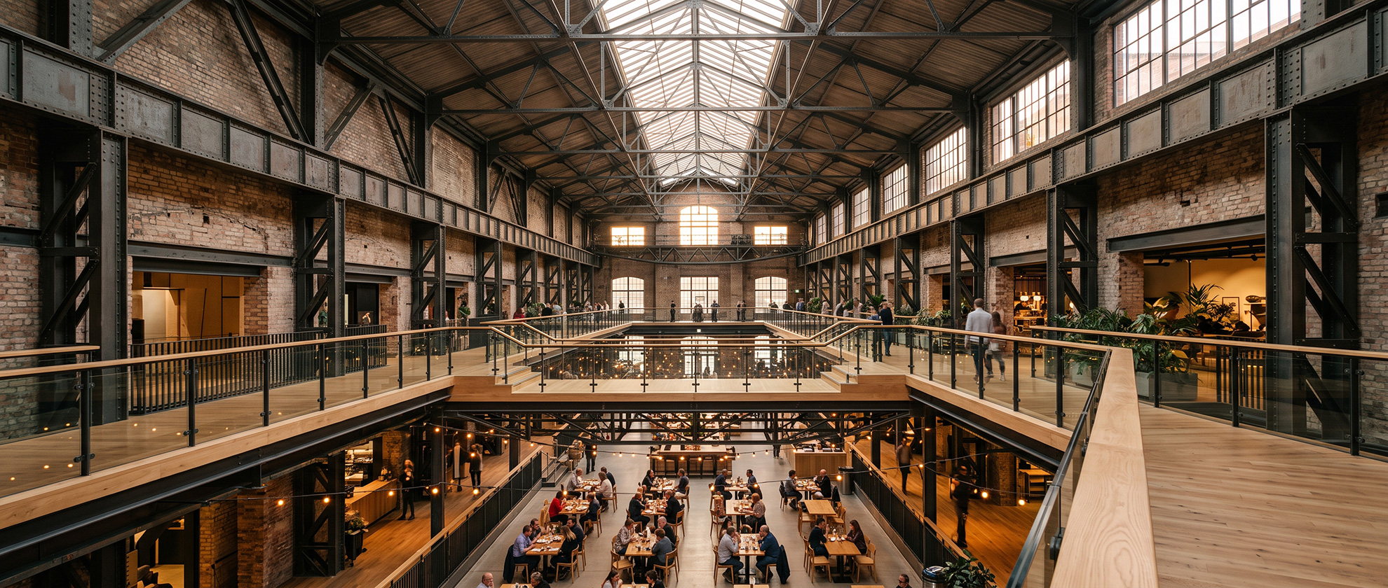 Adaptive-reuse atrium in a restored industrial hall — visualisation