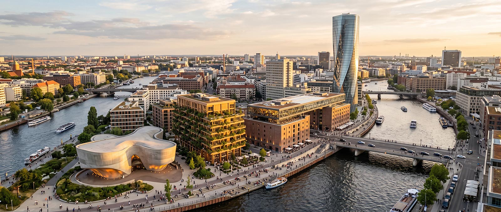 Riverfront district where many architectural styles coexist — golden hour visualisation