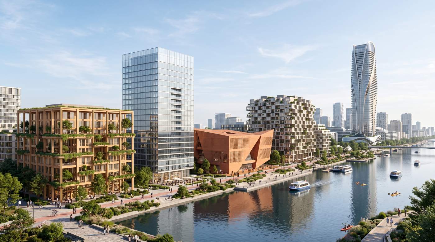 Future city skyline where mass-timber, modular, brick and parametric architecture coexist — visualisation