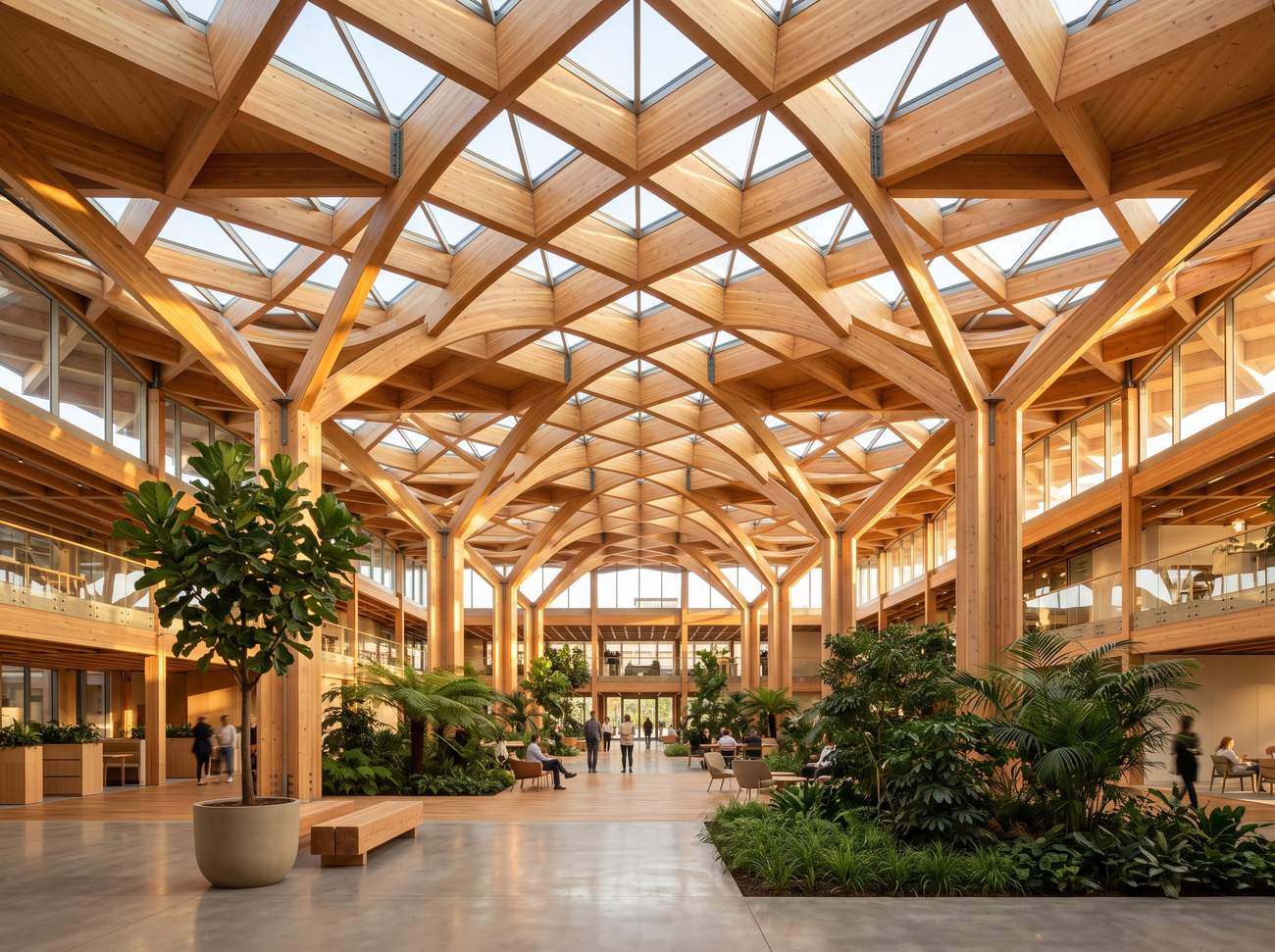 Grand mass-timber atrium with wooden gridshell roof and greenery — visualisation