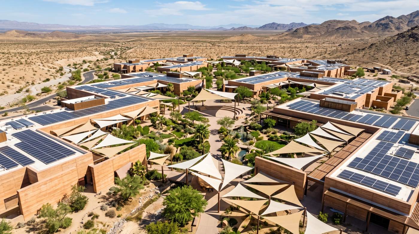 Aerial view of a desert campus with rammed-earth buildings, shade canopies and rooftop solar — visualisation